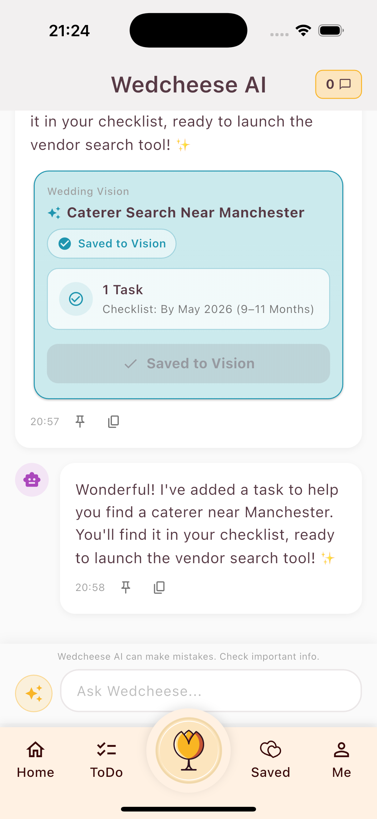 Wedcheese AI chat with a vendor search proposal