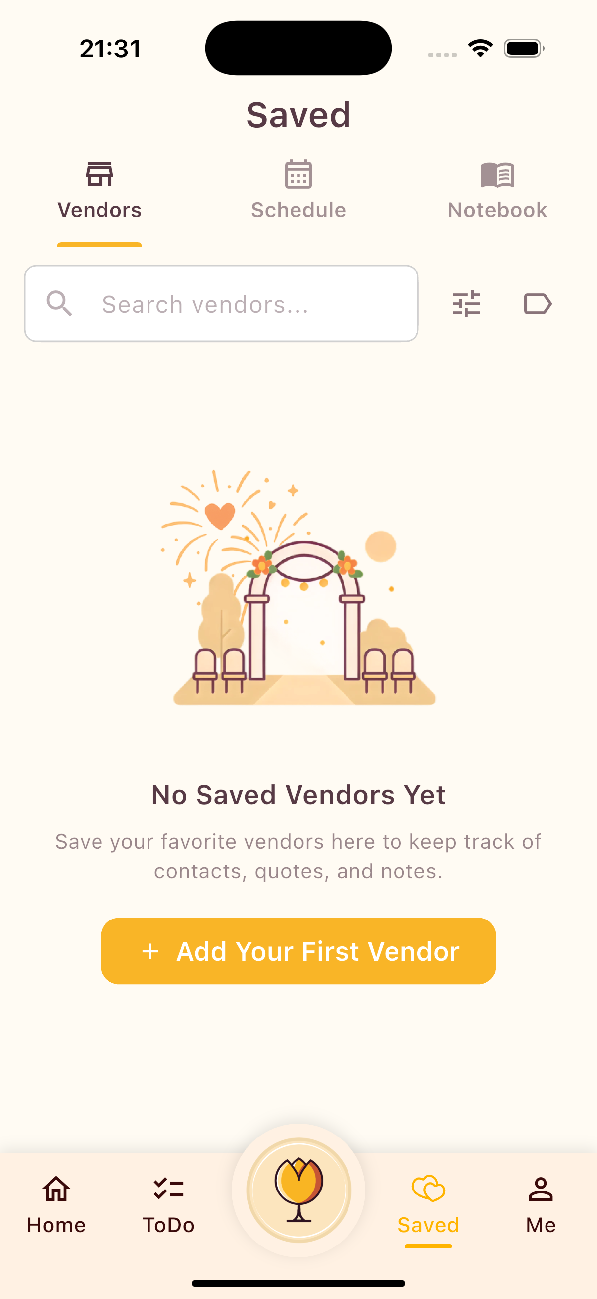 Wedcheese saved vendors, schedule, and notebook