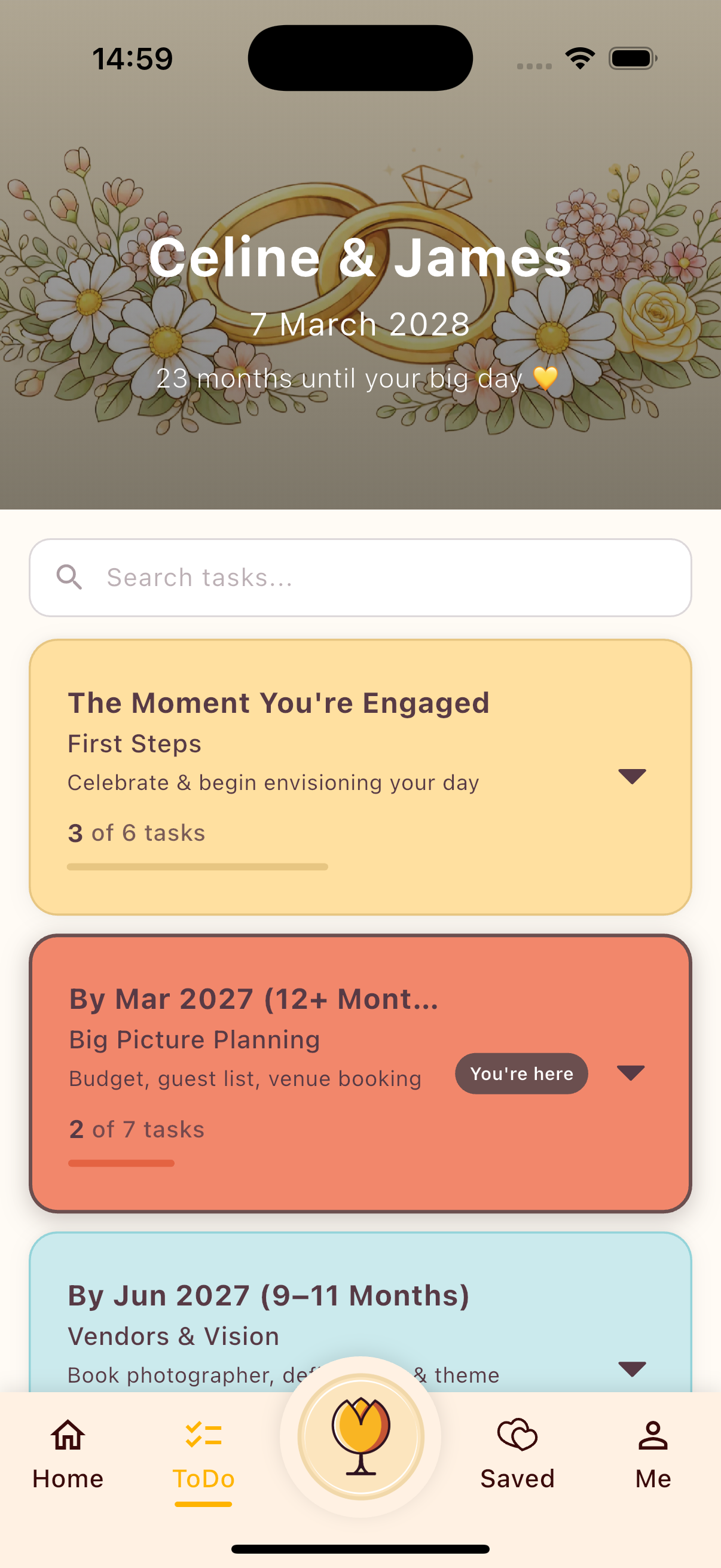 Wedcheese to-do screen with milestone-based tasks